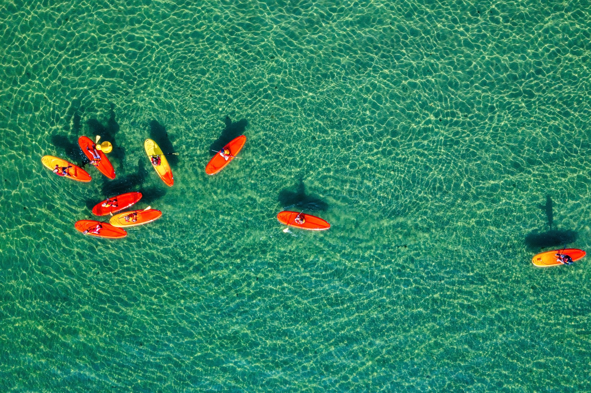 Aerial drone top down photo of stand up paddle surfing or SUP